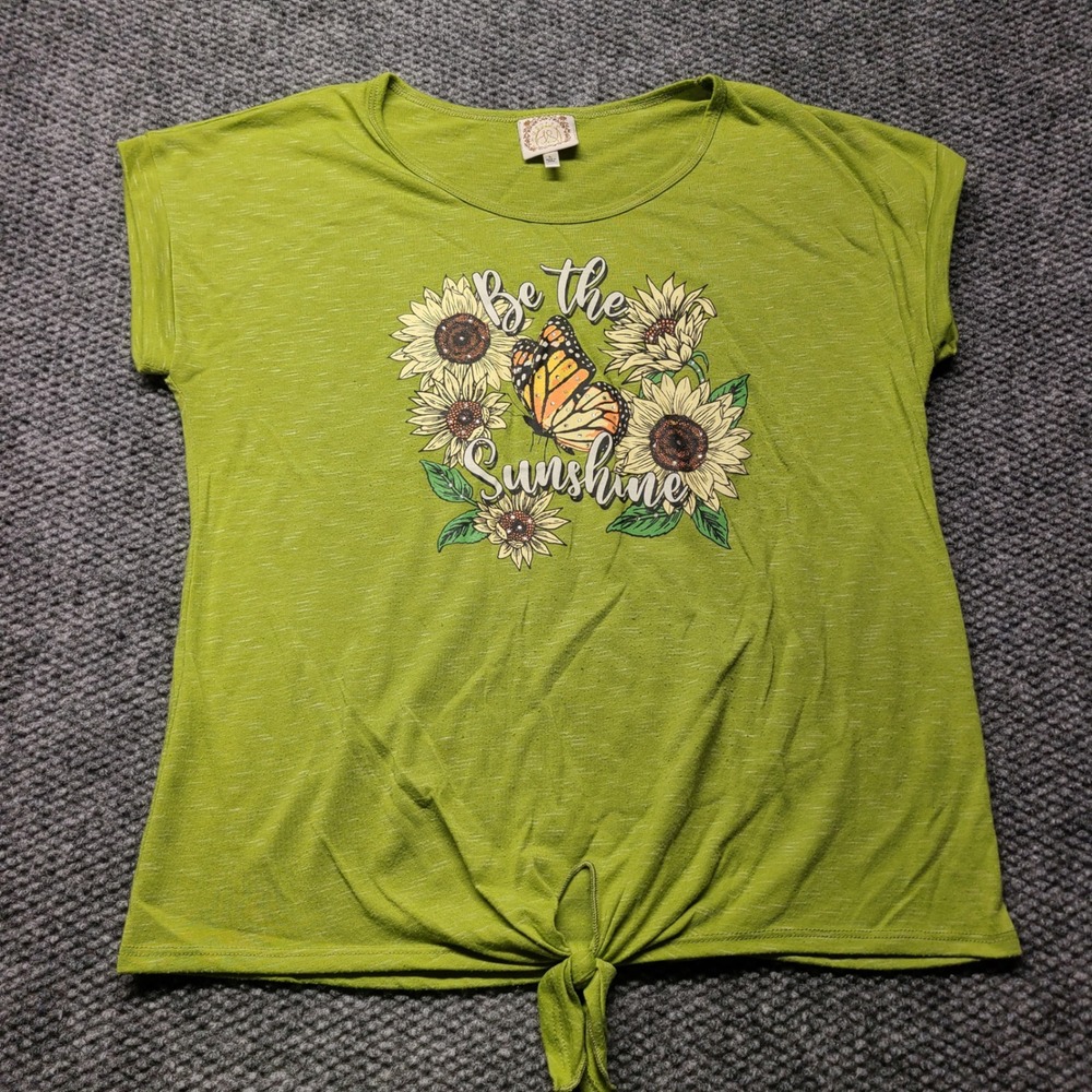 Tru Self Womens Be the Sunshine Graphic Tee Lime Green Sunflower Butterfly L